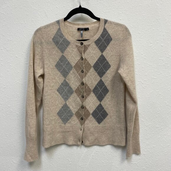 APT. 9 Argyle Cashmere Cardigan Sweater Cream Women Size M Preppy Academia - Picture 2 of 6